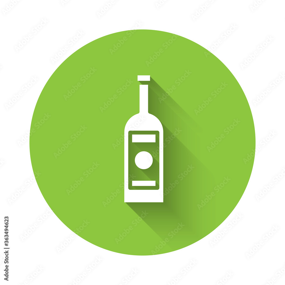 White Glass bottle of vodka icon isolated with long shadow. Green circle button. Vector Illustration.