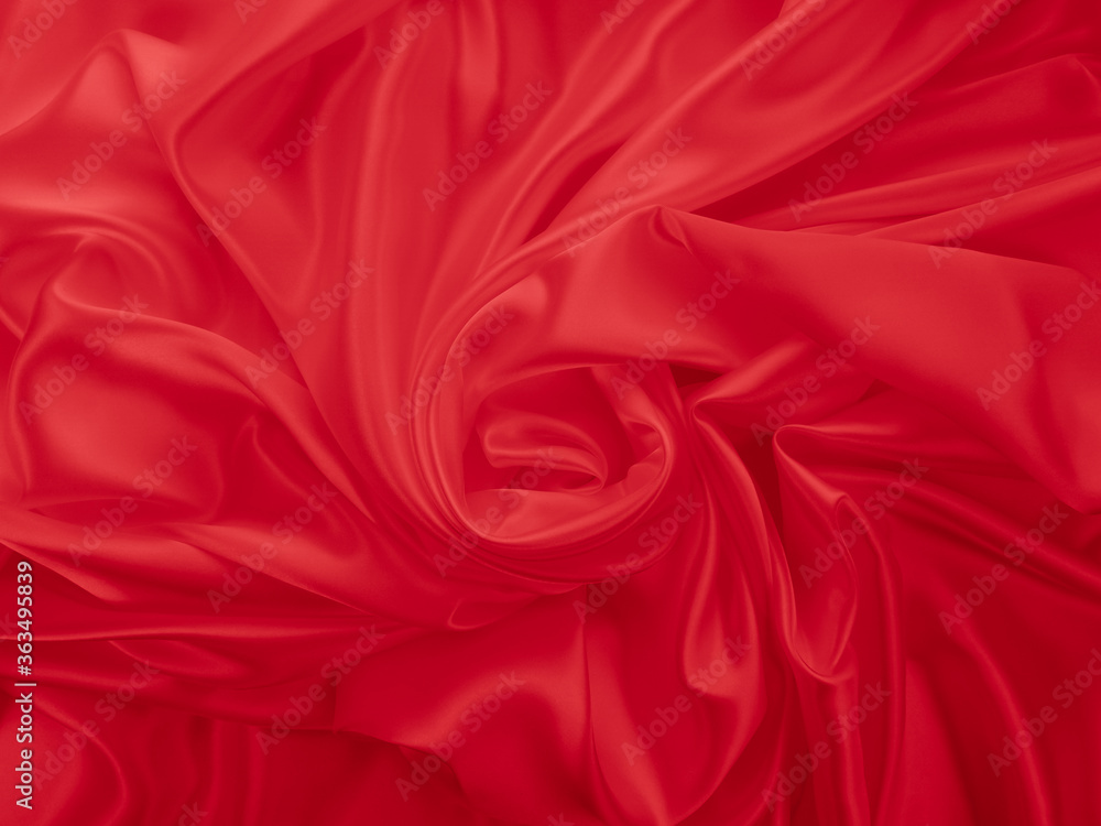 Fototapeta Beautiful elegant wavy hot red satin silk luxury cloth fabric texture, abstract background design. Wallpaper, banner or card with copy space.