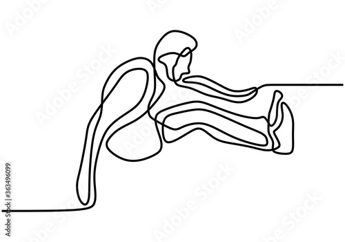 Continuous line drawing of young athletic man long jump. Young energetic athlete exercise to land on sand pool after jumping vector illustration, minimalism style