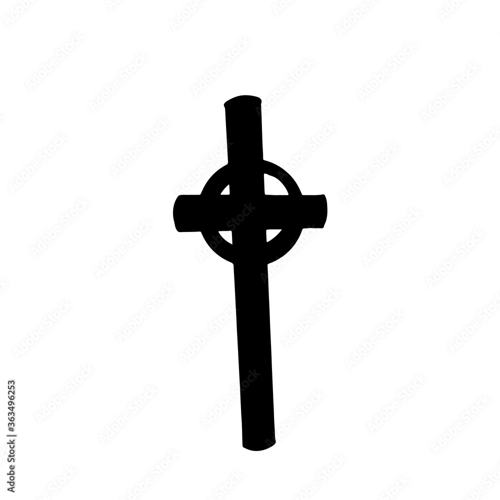 Cute kawaii spooky stone gravestone cross. Digital doodle outline art. Print for packaging, postcard, sticker, wrapping paper, advertisement, brand, fabric
