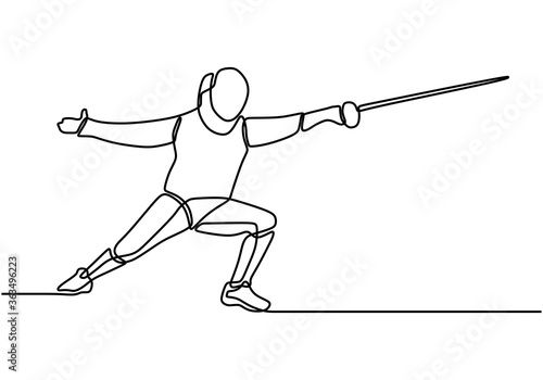 Continuous One line drawing of young professional fencer athlete woman in fencing mask and rapier. Competitive fighting sport competition concept.