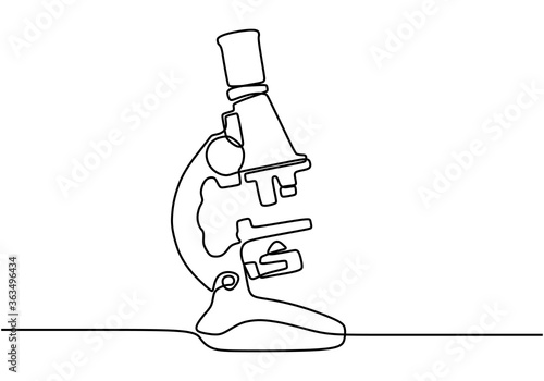 A medical microscope drawn by a single black line on a white background. One-line drawing. Continuous line