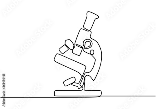 Biological microscope drawn by a single black line on a white background. One-line drawing. Continuous line with minimalist design isolated in one white background.