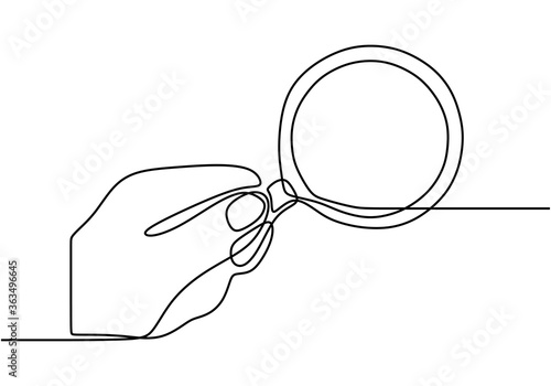 Hand hold magnifier drawn by one line. Single line drawing. Continuous line with minimalist design isolated in one white background.