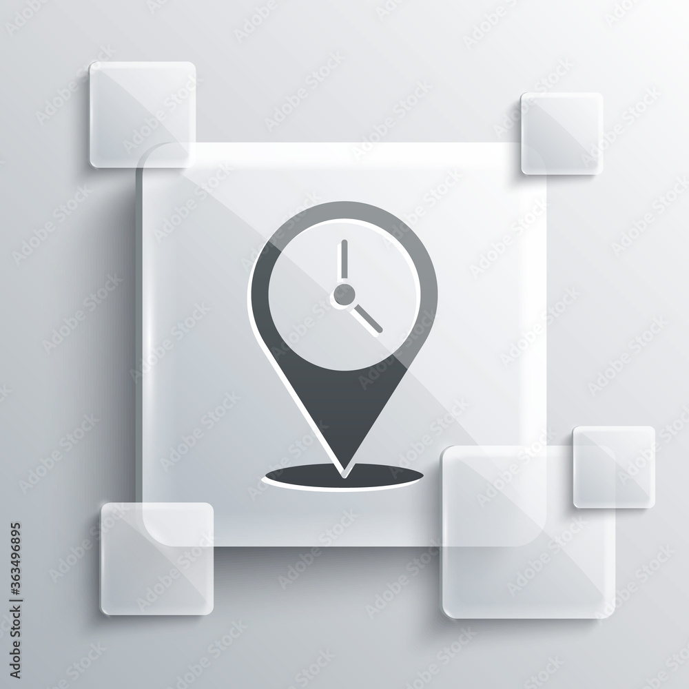 Grey Location with clock icon isolated on grey background. Square glass panels. Vector Illustration. Grey Location with clock icon isolated on grey background. Square glass panels. Vector Illustration.