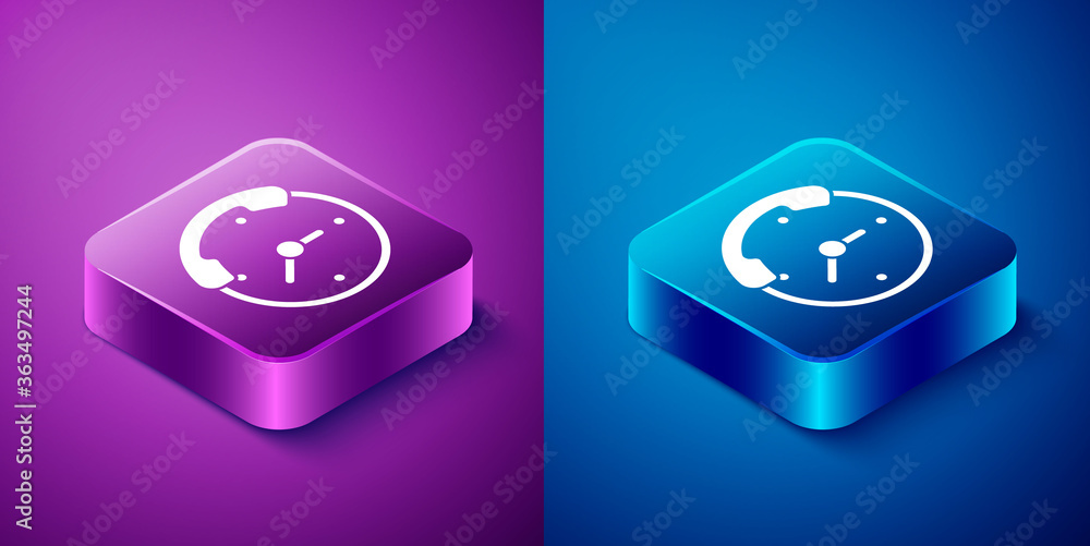 Isometric Telephone 24 hours support icon isolated on blue and purple background. All-day customer support call-center. Full time call services. Square button. Vector Illustration. Isometric Telephone 24 hours support icon isolated on blue and purple background. All-day customer support call-center. Full time call services. Square button. Vector Illustration.