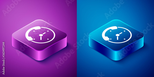 Isometric Telephone 24 hours support icon isolated on blue and purple background. All-day customer support call-center. Full time call services. Square button. Vector Illustration.