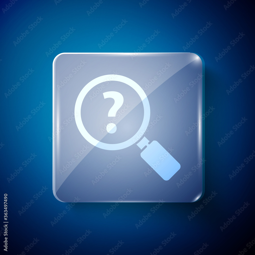 White Unknown search icon isolated on blue background. Magnifying glass and question mark. Square glass panels. Vector Illustration. White Unknown search icon isolated on blue background. Magnifying glass and question mark. Square glass panels. Vector Illustration.