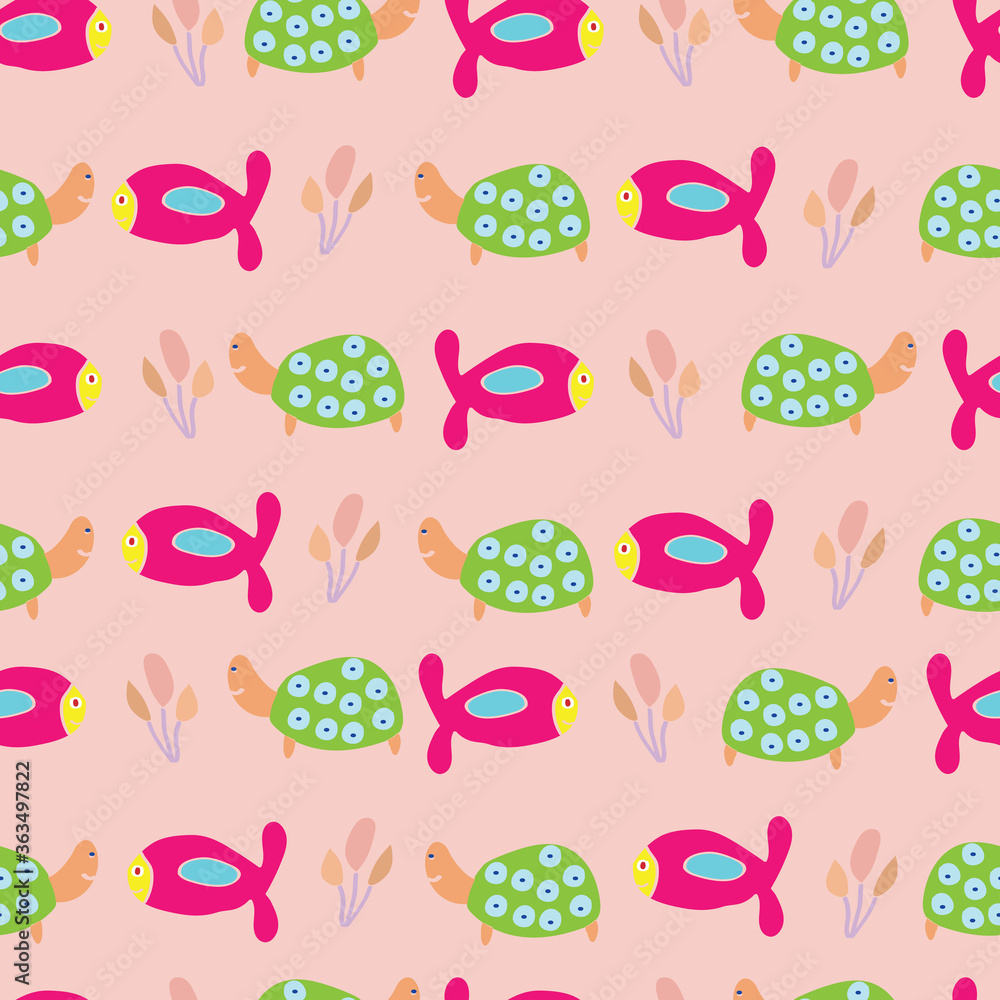 Vector turtle and plant seamless pattern design. Perfect for decorative projects and fabrics.
