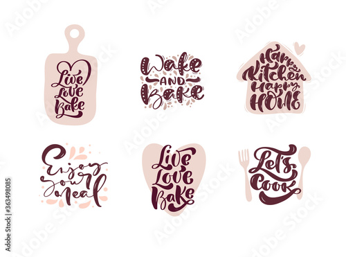 Set of Cooking calligraphy lettering vector quotes for logo food blog kitchen. Hand drawn cute quote design cooking element. For restaurant, cafe menu or banner, poster