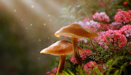 Magical fantasy mushrooms in enchanted fairy tale dreamy elf forest with fabulous fairytale blooming pink rose flower garden on mysterious background and shiny glowing stars and sun rays in morning