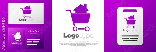 Logotype Shopping cart with house icon isolated on white background. Buy house concept. Home loan concept, rent, buying a property. Logo design template element. Vector Illustration.