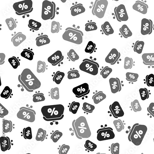 Black Purse money percent icon isolated seamless pattern on white background. Percent loyalty wallet sign. Vector Illustration.