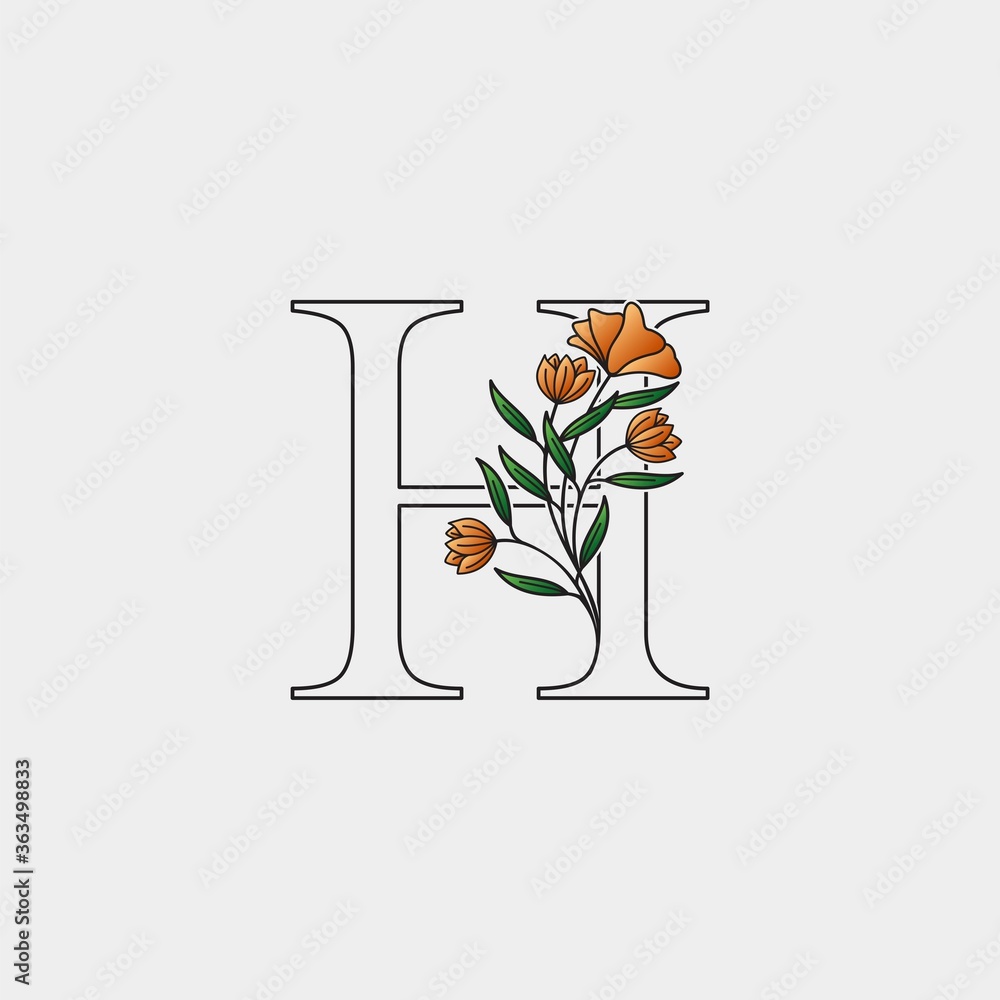 Outline Nature Flower Initial Letter H logo icon, vector letter with hand drawn luxury ornate nature flower design Outline Nature Flower Initial Letter H logo icon, vector letter with hand drawn luxury ornate nature flower design