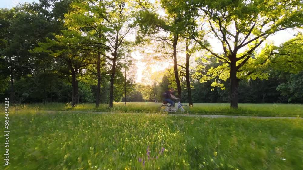 Dolly forward shot of an unrecognizable person cycling in a park at golden hour Dolly forward shot of an unrecognizable person cycling in a park at golden hour
