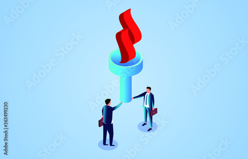 Businessman passes the torch to a companion, business concept illustration
