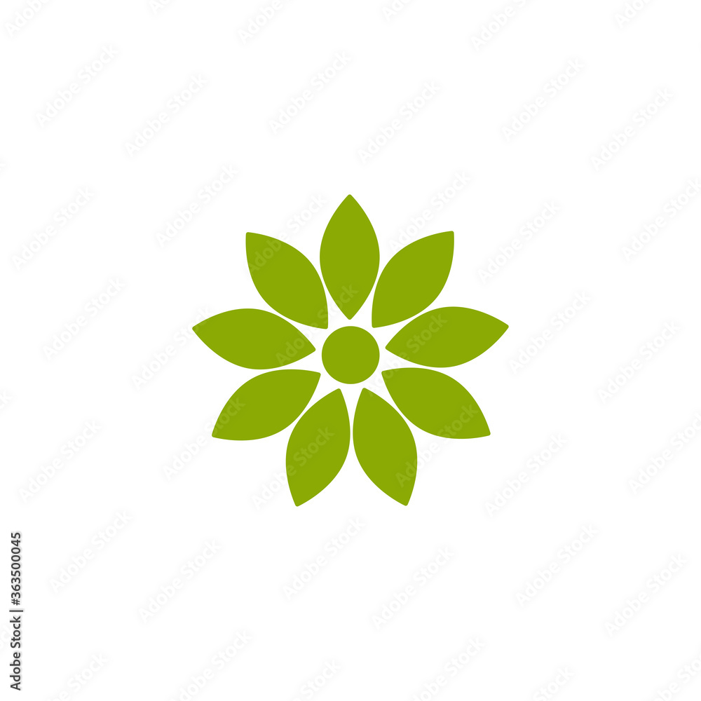 Green flat icon of sunflower with 9 sharp petals. Isolated on white.