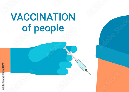 Vaccine and syringe injection. Doctor hand with syringe. Vaccination of patient for prevention, immunization and treatment from virus infection. Medicine, flu shot, blood test with needle. Vector