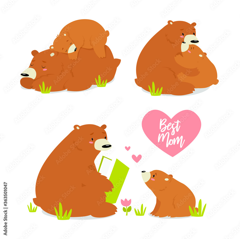 Vector set of illustrations with a family of bears. Mom and baby are  sleeping. Mom and