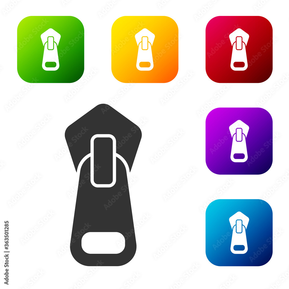 Fototapeta premium Black Zipper icon isolated on white background. Set icons in color square buttons. Vector Illustration.