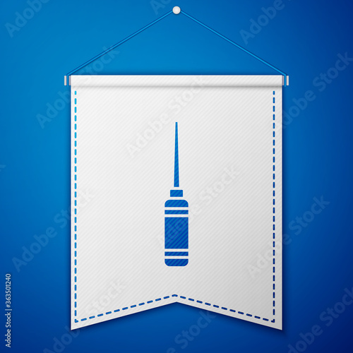 Blue Awl tool with wooden handle icon isolated on blue background. Work equipment tailor industry. White pennant template. Vector Illustration.