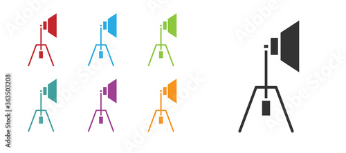 Black Movie spotlight icon isolated on white background. Light Effect. Scene, Studio, Show. Set icons colorful. Vector Illustration.