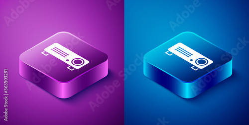 Isometric Presentation, movie, film, media projector icon isolated on blue and purple background. Square button. Vector Illustration.