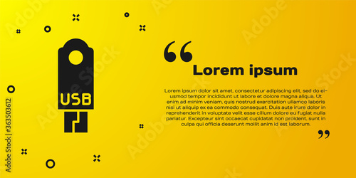 Black USB flash drive icon isolated on yellow background. Vector Illustration.