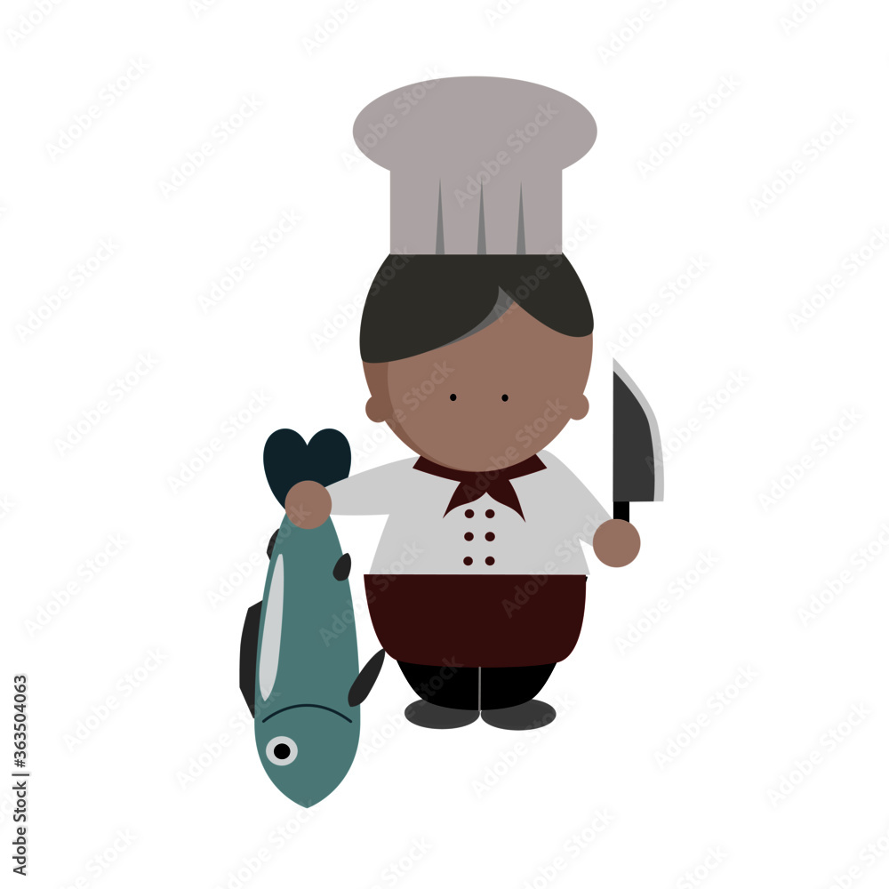 Male chef hand hold knife and fish icon vector illustration. Male chef hand hold knife and fish icon vector illustration.