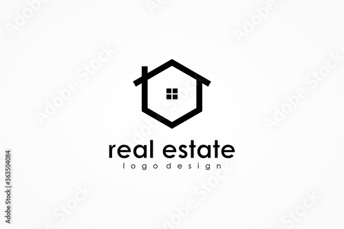 Real Estate Logo. Black Shape Hexagonal Line House Symbol with Window inside isolated on White Background. Usable for Construction Architecture Building Logo Design Template Element