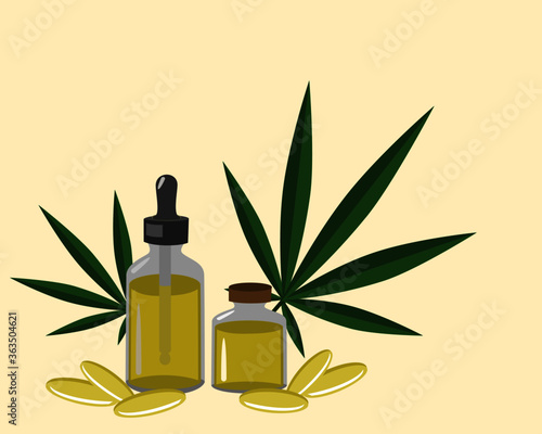 Bottle of cannabis hemp essential oil extract with capsules and fresh organic marijuana green leaves ( Marihuana , canabis, hemp hashish isolated on white background.