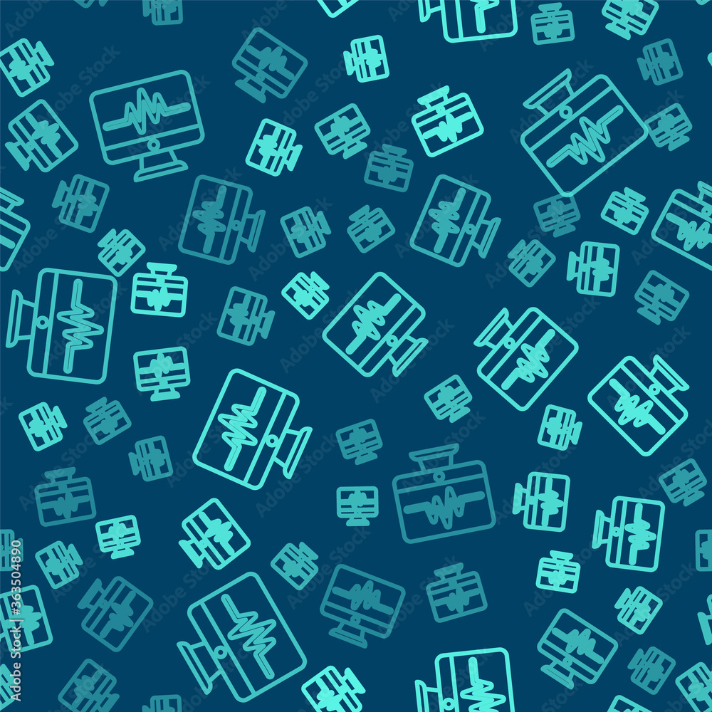 Green line Computer monitor with cardiogram icon isolated seamless pattern on blue background. Monitoring icon. ECG monitor with heart beat hand drawn. Vector Illustration. Green line Computer monitor with cardiogram icon isolated seamless pattern on blue background. Monitoring icon. ECG monitor with heart beat hand drawn. Vector Illustration.