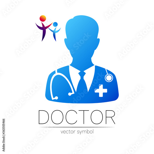 Family Doctor vector logotype in blue and violet color. Silhouette medical man. Logo for clinic, hospital, health, medicine and business. Concept isolated on white. Template for web, identity style.