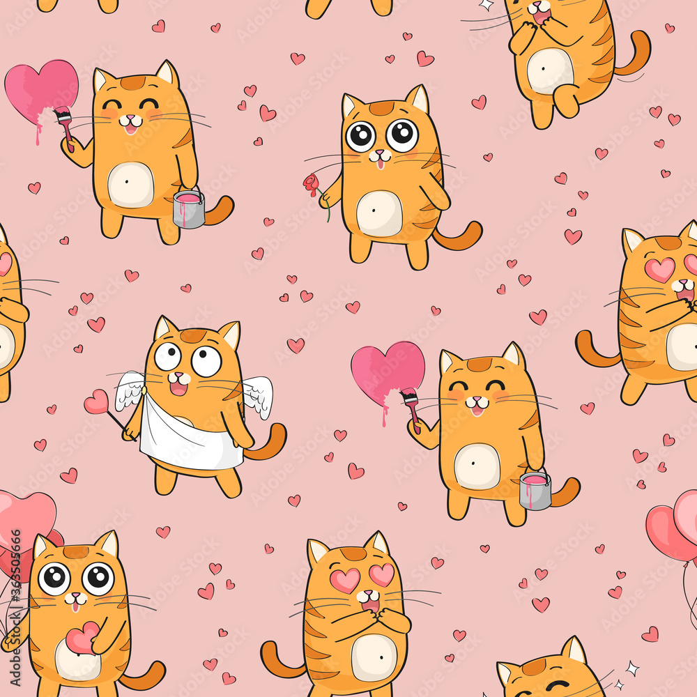 Vector seamless pattern with cute red cat in love, St Valentine's Day funny romantic background Vector seamless pattern with cute red cat in love, St Valentine's Day funny romantic background
