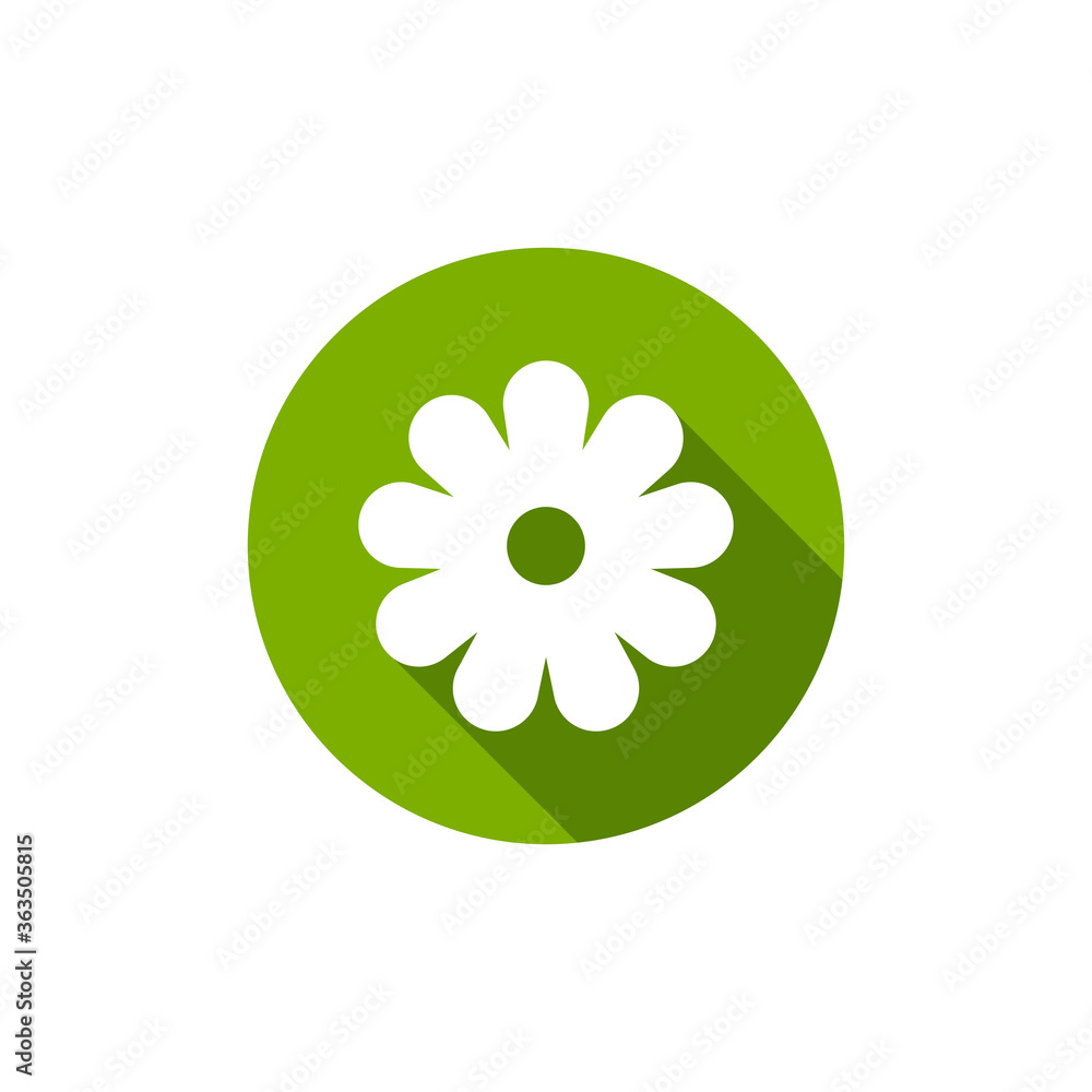White flat icon of flower with shadow in green circle. Isolated on white. Vector illustration. White flat icon of flower with shadow in green circle. Isolated on white. Vector illustration.