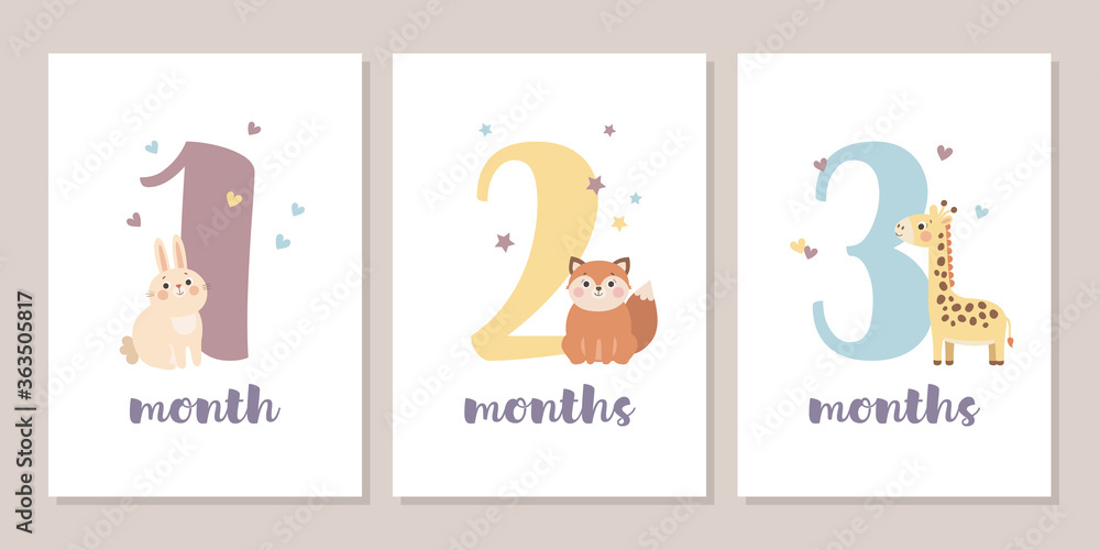 Fototapeta Cute baby month anniversary card with numbers and animals, 1 - 12 months, vector illustration