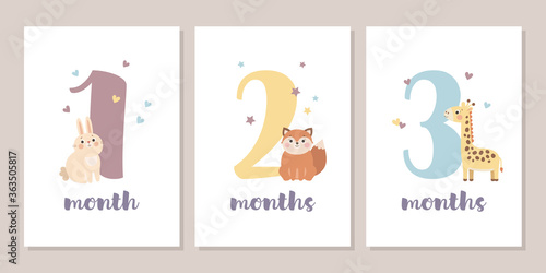 Cute baby month anniversary card with numbers and animals, 1 - 12 months, vector illustration