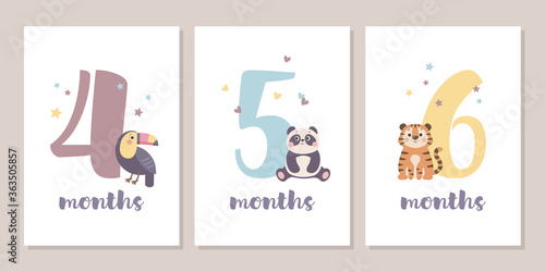 Cute baby month anniversary card with numbers and animals, 1 - 12 months, vector illustration