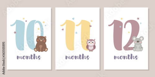 Cute baby month anniversary card with numbers and animals, 1 - 12 months, vector illustration