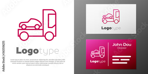 Logotype line Car transporter truck for transportation of car icon isolated on white background. Logo design template element. Vector Illustration.