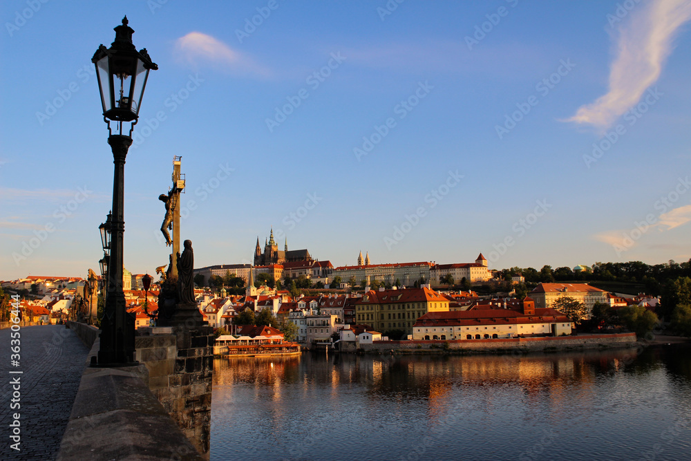 Morning Prague castle douring quarantine, sunrise, St. Vitus cathedral