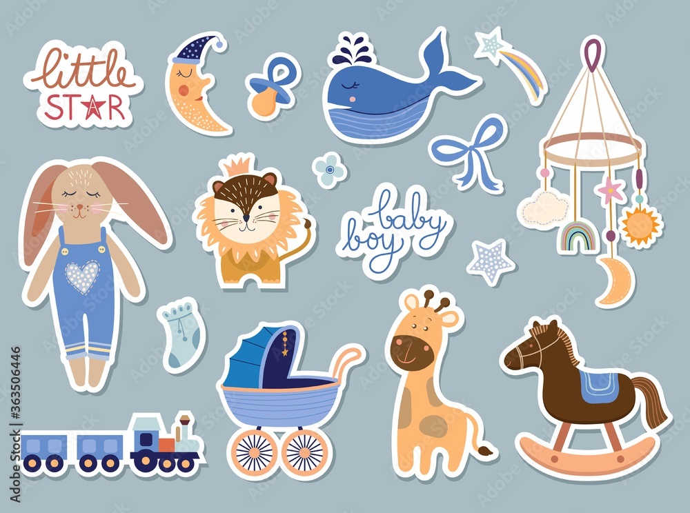 Baby boy elements collection, baby shower stickers set, trendy design