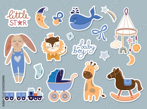 Baby boy elements collection  baby shower stickers set  trendy design