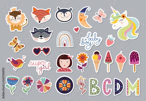 Kids elements collection with trendy design, animals, flowers, letters, cute stickers set

