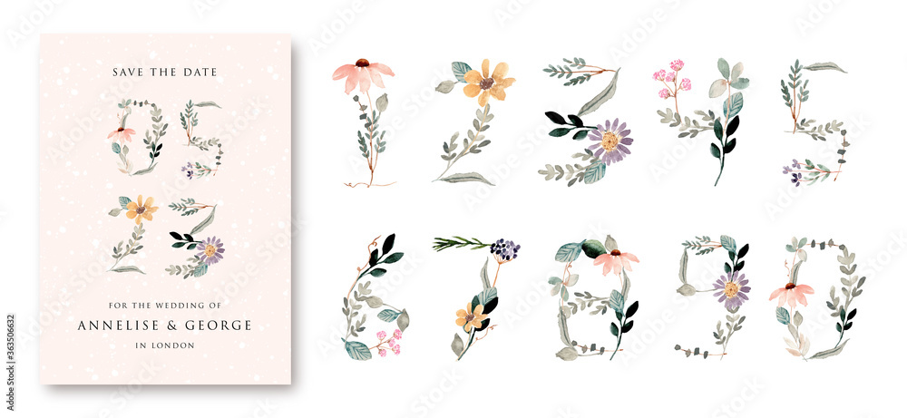 beautiful floral watercolor numbers from 0 to 9 set