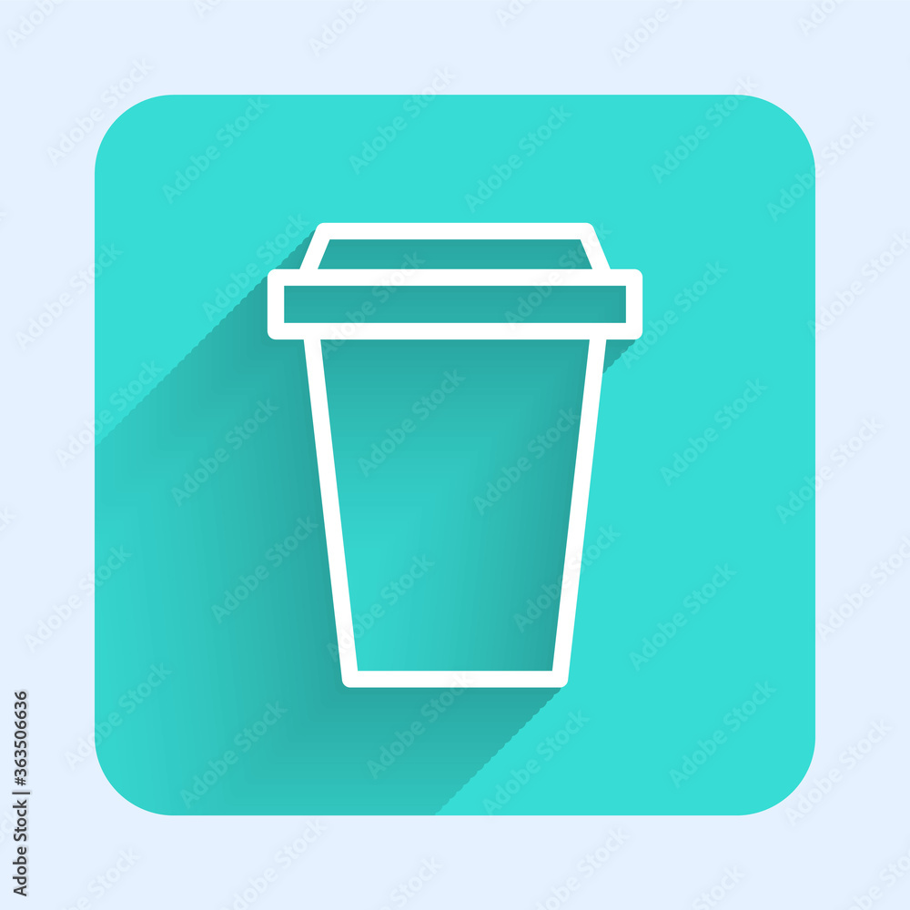 White line Coffee cup to go icon isolated with long shadow. Green square button. Vector Illustration.