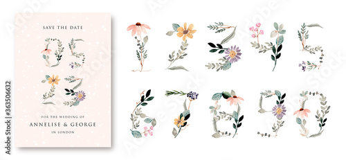 beautiful floral watercolor numbers from 0 to 9 set