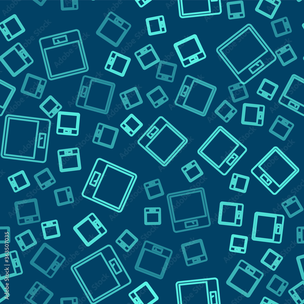 Green line Bathroom scales icon isolated seamless pattern on blue background. Weight measure Equipment. Weight Scale fitness sport concept. Vector Illustration. Green line Bathroom scales icon isolated seamless pattern on blue background. Weight measure Equipment. Weight Scale fitness sport concept. Vector Illustration.