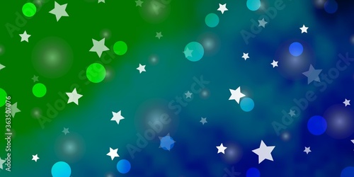Light Blue, Green vector backdrop with circles, stars. Colorful disks, stars on simple gradient background. Template for business cards, websites.