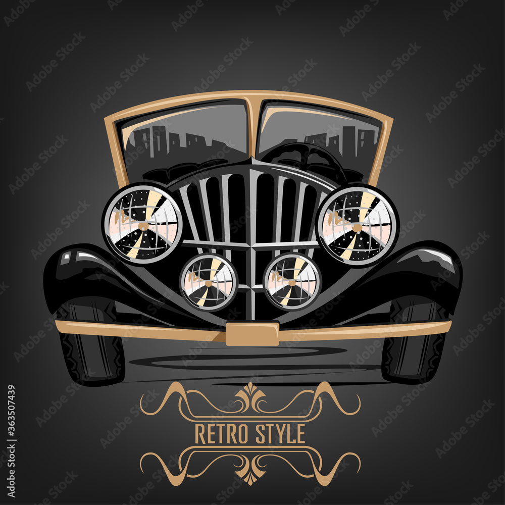 Black convertible with large headlights in a retro style. 1920 year. Retro  cars in cartoon style. Vector illustration on a black background. Stock  Vector | Adobe Stock
